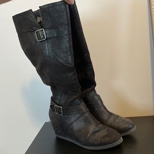 Black knee high faux suede wedge heel boots size 9.5